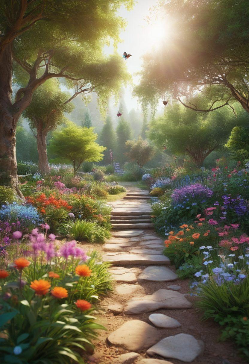A serene landscape featuring a tranquil garden with blooming flowers, a peaceful meditation spot with a person practicing mindfulness, and soft sunlight filtering through lush trees. Include symbols of positivity such as butterflies and colorful dream catchers, creating an atmosphere of joy and calm. super-realistic. vibrant colors. soft focus.