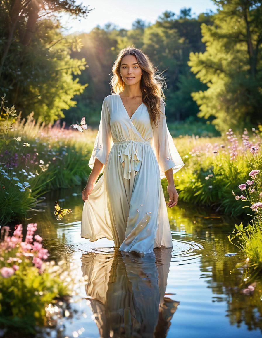 A serene woman standing in a sunlit meadow, radiating confidence and joy, surrounded by blooming flowers symbolizing inner beauty. She gazes at her reflection in a gentle stream, representing self-worth and acceptance. Vivid butterflies flutter around her, emphasizing the transformative journey of embracing one's essence. soft-focus. vibrant colors. nature-inspired.